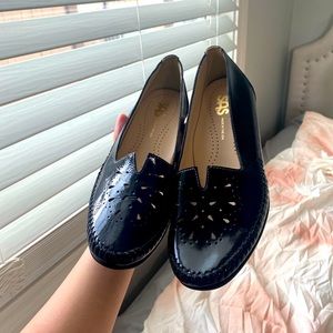 sas sonyo shoe black slip on heels laser cut out size 6